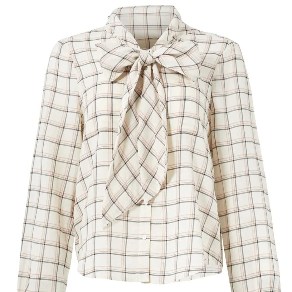 Joie Plaid Hina Tie Neck Bow Window Pane Check Button Down Shirt, SzS, Cream EUC